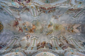 Church of St Gallus and Ulrich, nave, vaulted ceiling with ceiling fresco, Kisslegg, Allgäu,