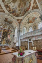 Church of St Gallus and Ulrich, side gallery, main altar, choir stalls and ceiling frescoes,