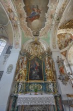 Church of St Gallus and Ulrich, side altar with ceiling frescoes and figures of saints, Kisslegg,