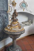 Church of St Gallus and Ulrich, baptismal font and niche with female figure, Kisslegg, Allgäu,