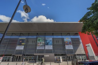 Blue sky. white clouds over the big-BOX event hall, Kempten, Allgäu, Swabia, Germany