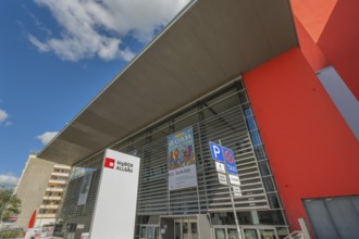 Blue sky. white clouds over the big-BOX event hall, Kempten, Allgäu, Swabia, Germany
