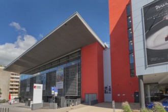 Blue sky. white clouds over the big-BOX event hall, Kempten, Allgäu, Swabia, Germany