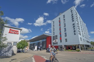 Blue sky, white clouds over the big-box-HOTEL at the Forum Allgäu, Kempten, Allgäu, Swabia, Germany