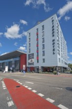 Blue sky, white clouds over the big-box-HOTEL at the Forum Allgäu, Kempten, Allgäu, Swabia, Germany