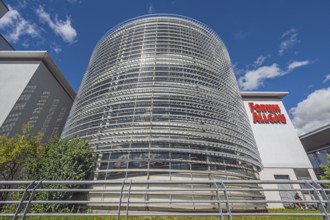 Blue sky, white clouds over the round car park of the Forum Allgäu, Kempten, Allgäu, Swabia,