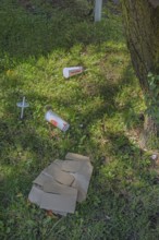 Lawn with waste from Burger-King food, Kempten, Allgäu, Swabia, Germany