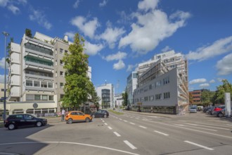 Blue sky over the Forum Allgäu and medical centre, Bahnhofstraße, Kempten, Allgäu, Swabia, Germany