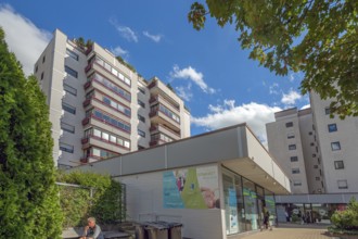 Blue sky. white clouds, high-rise building with bay windows, Kempten, Allgäu, Swabia, Germany