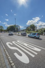 BUS letters, bus lane on asphalt, Bahnhofstraße, Kempten, Allgäu, Swabia, Germany
