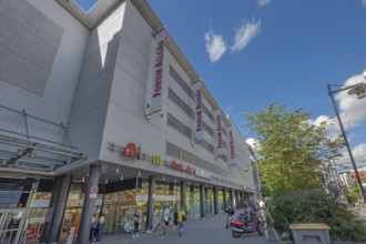 Blue sky, white clouds over the east facade, Forum Allgäu, Kempten, Allgäu, Swabia, Germany