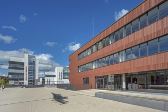 Blue sky. white clouds, State Vocational School and Forum Allgäu, Kempten, Allgäu, Swabia, Germany