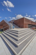 Blue sky. white clouds, stairs to the state vocational school, Kempten, Allgäu, Swabia, Germany