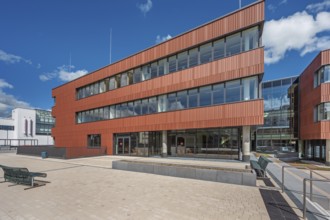 Blue sky. white clouds, State Vocational School, Kempten, Allgäu, Swabia, Germany