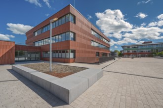 Blue sky. white clouds, State Vocational School, Kempten, Allgäu, Swabia, Germany