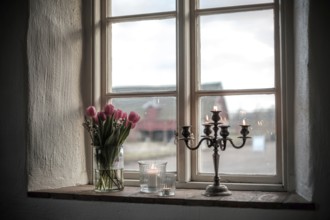 Window ledge adorned with tulips and a candlestick, providing a rustic view of the exterior in