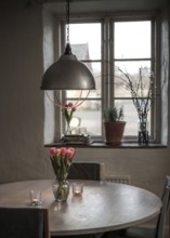 A cozy table setting with tulips and a soft glow from a pendant light, framed by a window in