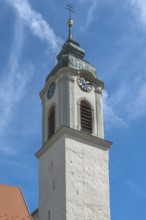 Church tower with clock and sound windows, Church of St Gallus and Ulrich, Kisslegg, Allgäu,