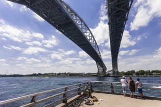 People standing on a riverside under the Blue Water Bridge, connecting Canada and the United