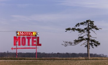 A motel sign and lone tree stand against the sky near Strathroy, Ontario, Canada, North America