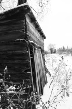 Old wooden cabin leans in snow, amidst a barren winter landscape in London, Ontario, Canada, North