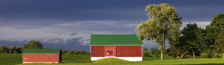 A red barn with green roof sits under a dramatic sky in St. Thomas, Ontario, Canada, North America