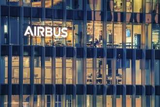 Jan 15, 2025 - Lisbon, Portugal: Night view of the Airbus office building or headquaters with