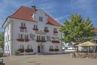 The town hall, the façade tells of the highlights of the town's history, Kisslegg, Allgäu,