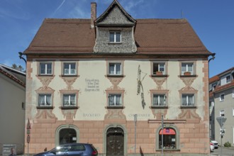 Facade with painting and nose sign, house of a bakery in Kisslegg, Allgäu, Baden-Württemberg,