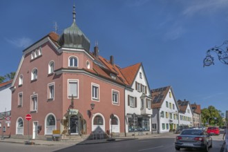 Blue sky, street with pointed gable houses and ZAPPA BAR in Kisslegg, Allgäu, Baden-Württemberg,