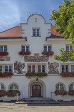 The town hall, the façade tells of the highlights of the town's history, Kisslegg, Allgäu,