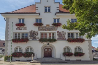 The town hall, the façade tells of the highlights of the town's history, Kisslegg, Allgäu,