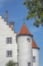 Blue sky, old castle with turrets and chimneys in Kisslegg, Allgäu, Baden-Württemberg, Germany