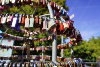 Several colourful padlocks attached to a metal frame outdoors, Nuremberg, Middle Franconia,