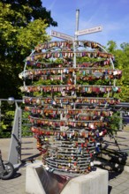 Large arrangement of colourful heart-shaped padlocks on a railing, Nuremberg, Middle Franconia,