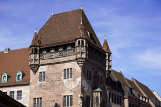 Historic building with oriels and decorations under a blue sky, Nuremberg, Middle Franconia,