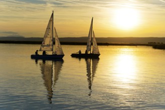Lake Neusiedl, Burgenland, Austria, Europe, Two sailboats at sunset with reflecting golden light on