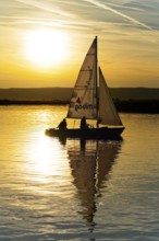 Lake Neusiedl, Burgenland, Austria, Europe, Sailboat against the light of the setting sun with a