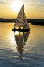 Lake Neusiedl, Burgenland, Austria, Europe, Sailboat in the sunset with calming water reflection