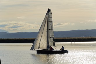 Lake Neusiedl, Burgenland, Austria, Europe, Two people sailing in a boat in the calm evening mood