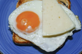 Enjoying a simple yet satisfying breakfast with fried egg and cheese on toasted bread, served on a