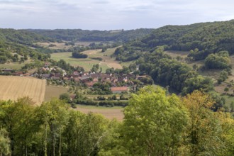 Aerial view showing a village named Baechlingen near Langenburg in Hohenlohe, a area in Southern