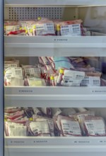 Detail shot of a blood bank with various blood types