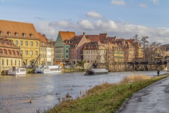 Idyllic riverside scenery in Bamberg, a town in Upper Franconia, Germany