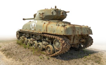 Historic tank at Utah Beach on the Cotentin Peninsula in France, gradient isolated in white back