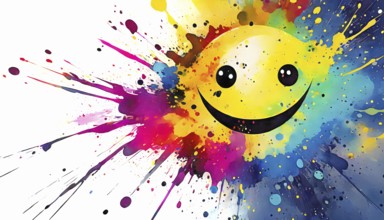 Ideographic theme showing a smiley face in multicolored vibrant splashy ambiance. AI generated