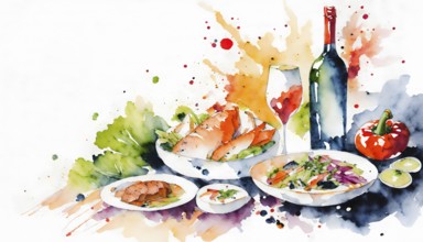 AI generated image showing hearty dishes in light back, watercolor style with splashes and spots