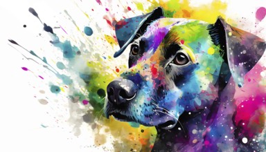 Pet theme showing the portrait of a dog in multicolored vibrant splashy ambiance. AI generated