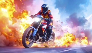 Ai generated image showing a driving motorcyclist on the road surrounded by fire and smoke