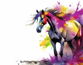 Animal and riding theme showing a horse in multicolored vibrant splashy ambiance. AI generated
